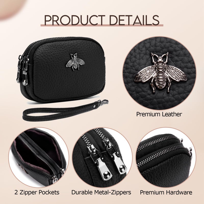 imeetu Women Leather Coin Purse, Small 2 Zippered Change Pouch Wallet(Black, Wrist Strap) - Image 3
